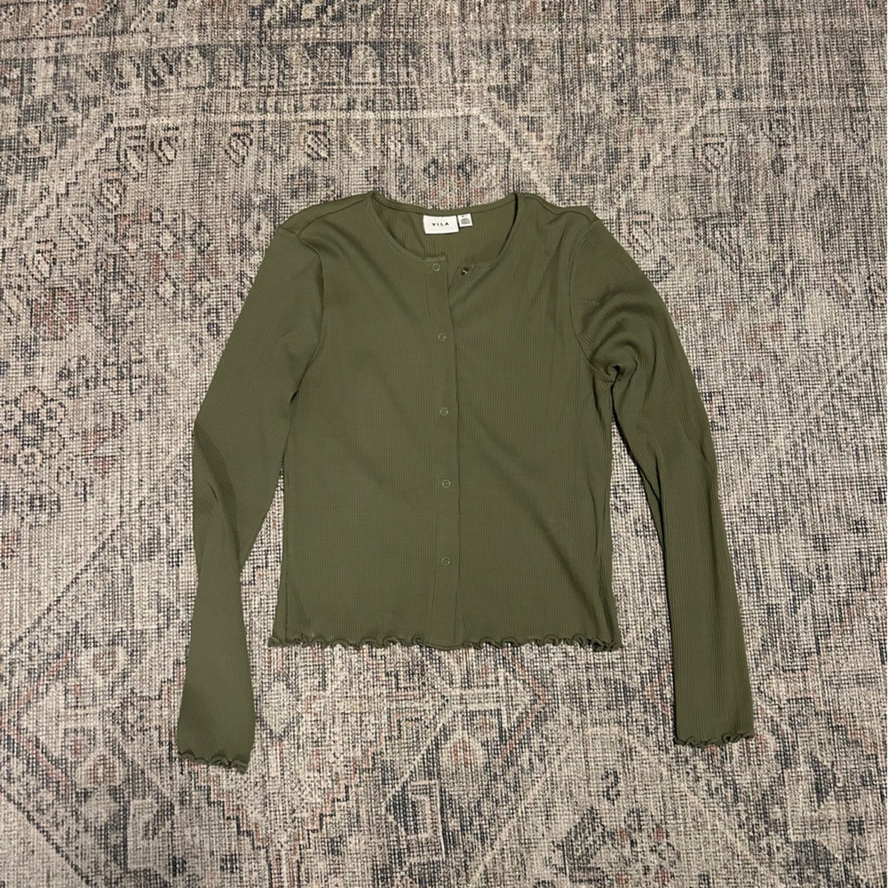 VILA Sage Green Ribbed Button Up Top